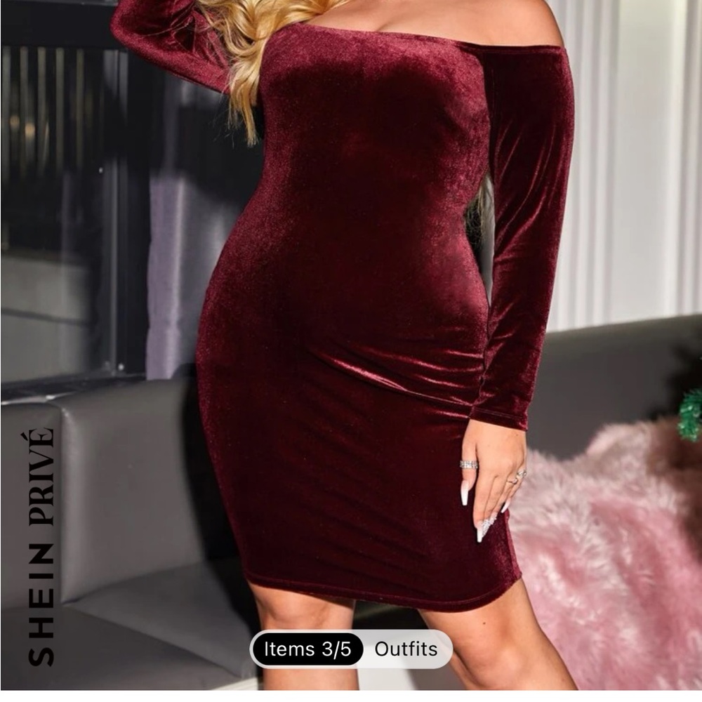 Burgundy Velvet Off-Shoulder Dress
